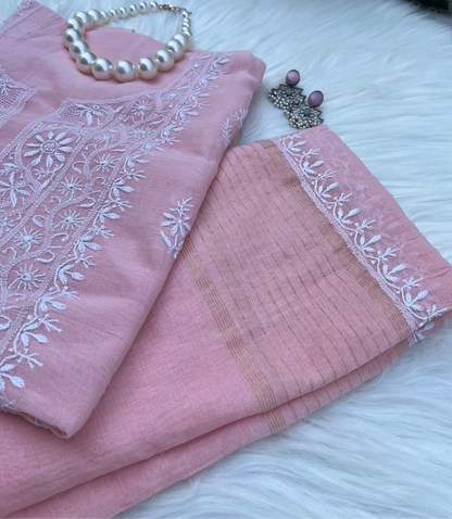 Lacto Pink Mul Chanderi Chikankari Suit Set