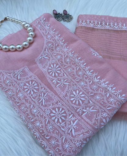 Lacto Pink Mul Chanderi Chikankari Suit Set