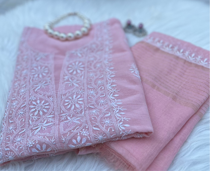 Lacto Pink Mul Chanderi Chikankari Suit Set