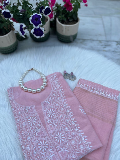 Lacto Pink Mul Chanderi Chikankari Suit Set