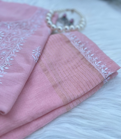 Lacto Pink Mul Chanderi Chikankari Suit Set