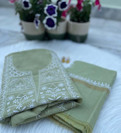 Sage Green Mul Chanderi Chikankari Suit Set