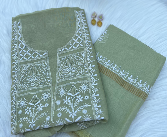 Sage Green Mul Chanderi Chikankari Suit Set