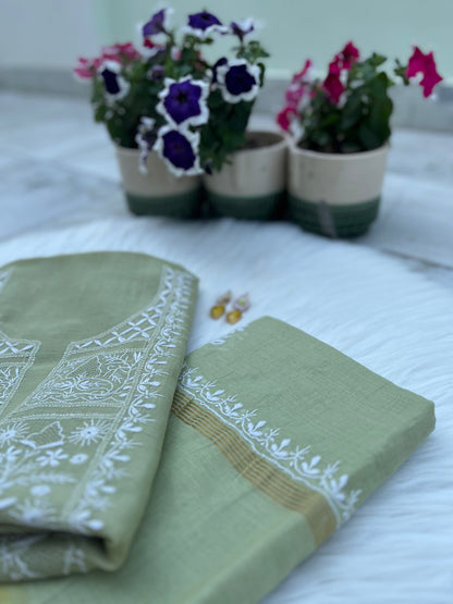 Sage Green Mul Chanderi Chikankari Suit Set