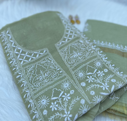 Sage Green Mul Chanderi Chikankari Suit Set