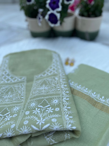 Sage Green Mul Chanderi Chikankari Suit Set