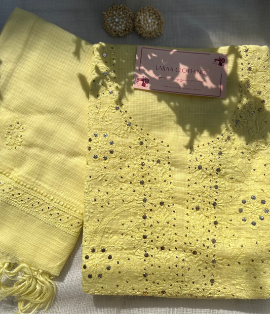 Yellow Kota Mukaish Chikankari Suit Set