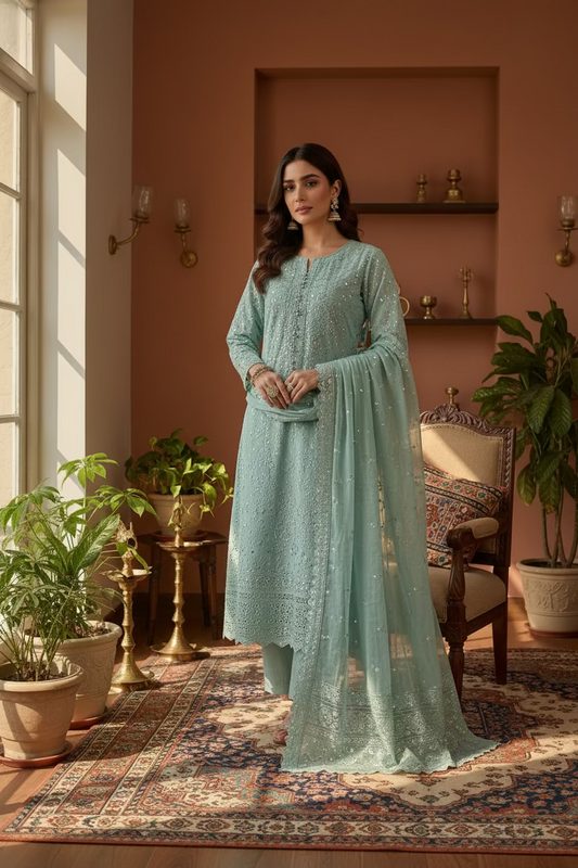 Greyish Blue Kota Mukaish Chikankari Suit Set