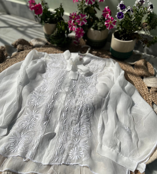 Semi-Stitched White Organza Chikankari Shirt