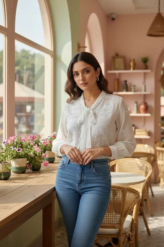 Semi-Stitched White Organza Chikankari Shirt