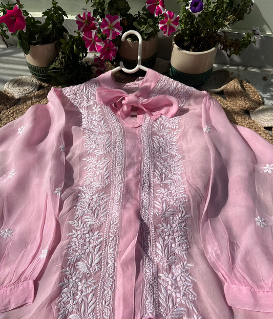 Semi-Stitched Pink Organza Chikankari Shirt