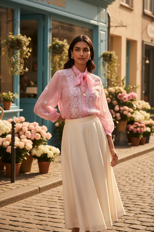 Semi-Stitched Pink Organza Chikankari Shirt