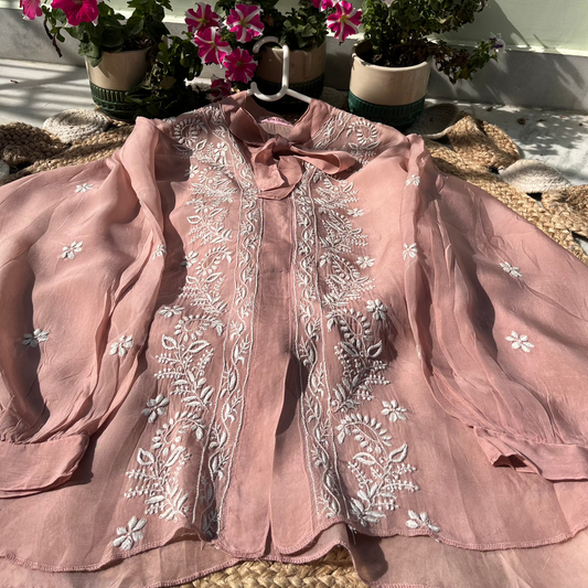 Semi-Stitched Vintage Rose Organza Chikankari Shirt