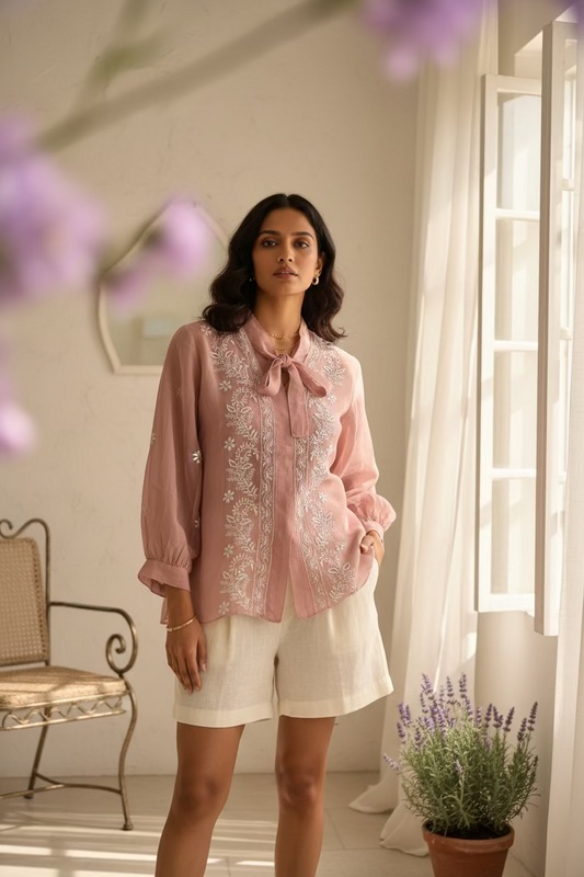 Semi-Stitched Vintage Rose Organza Chikankari Shirt