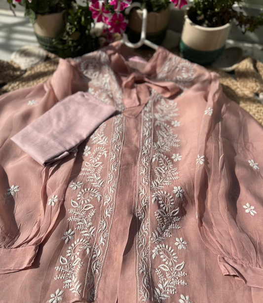Semi-Stitched Vintage Rose Organza Chikankari Shirt