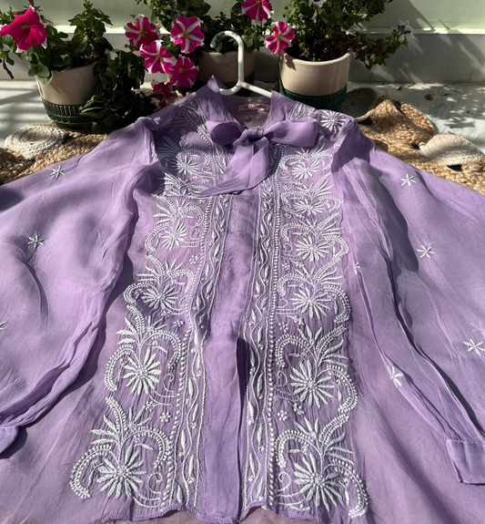 Semi-Stitched Purple Organza Chikankari Shirt