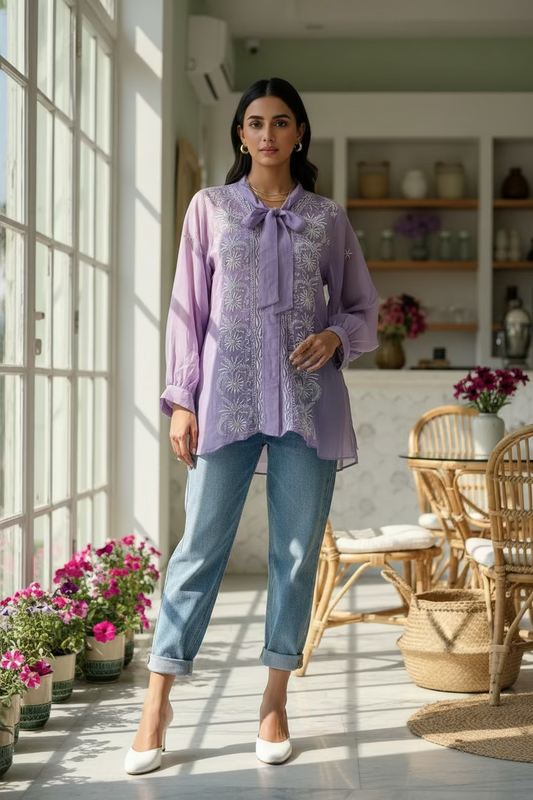 Semi-Stitched Purple Organza Chikankari Shirt