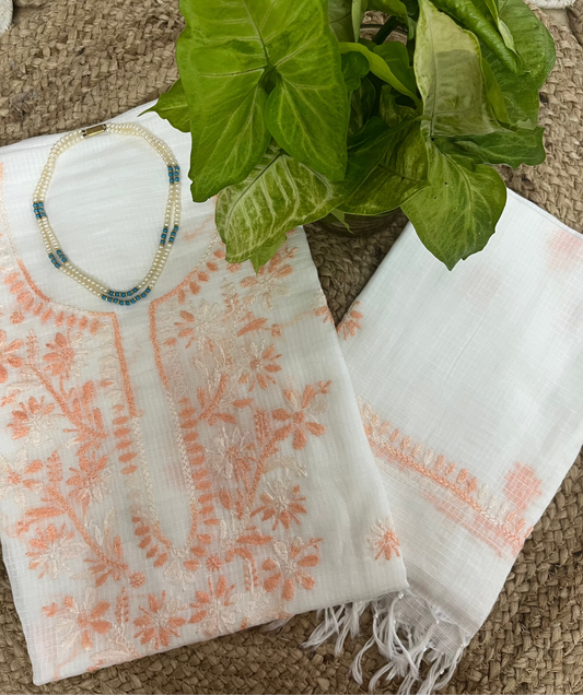 White Peach Kota Doriya Chikankari Suit Set