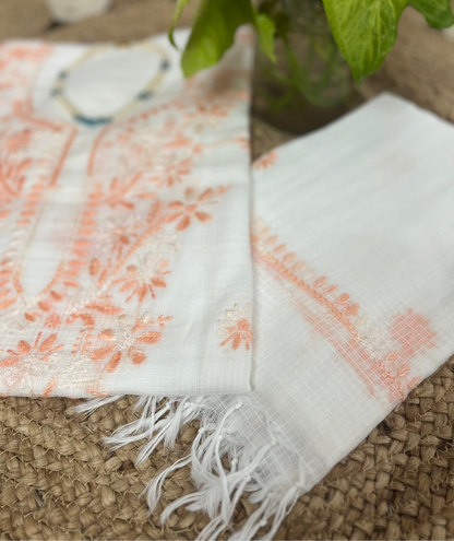 White Peach Kota Doriya Chikankari Suit Set