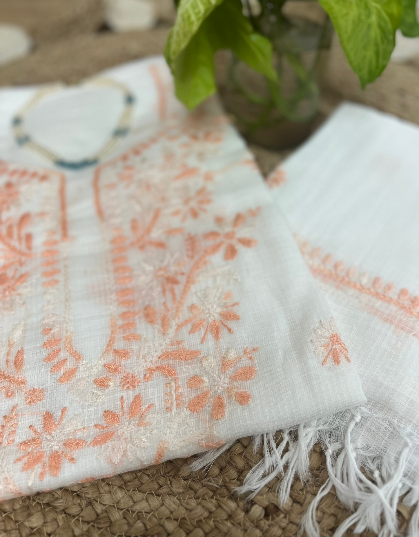 White Peach Kota Doriya Chikankari Suit Set
