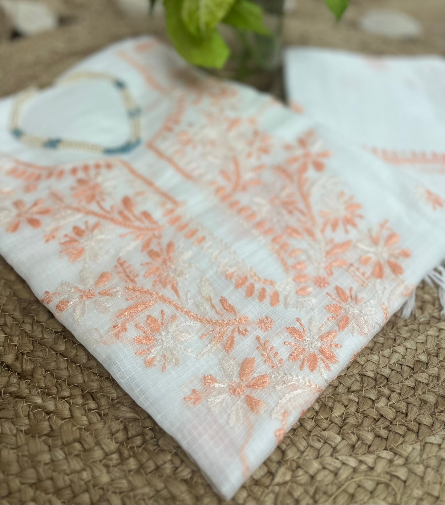 White Peach Kota Doriya Chikankari Suit Set