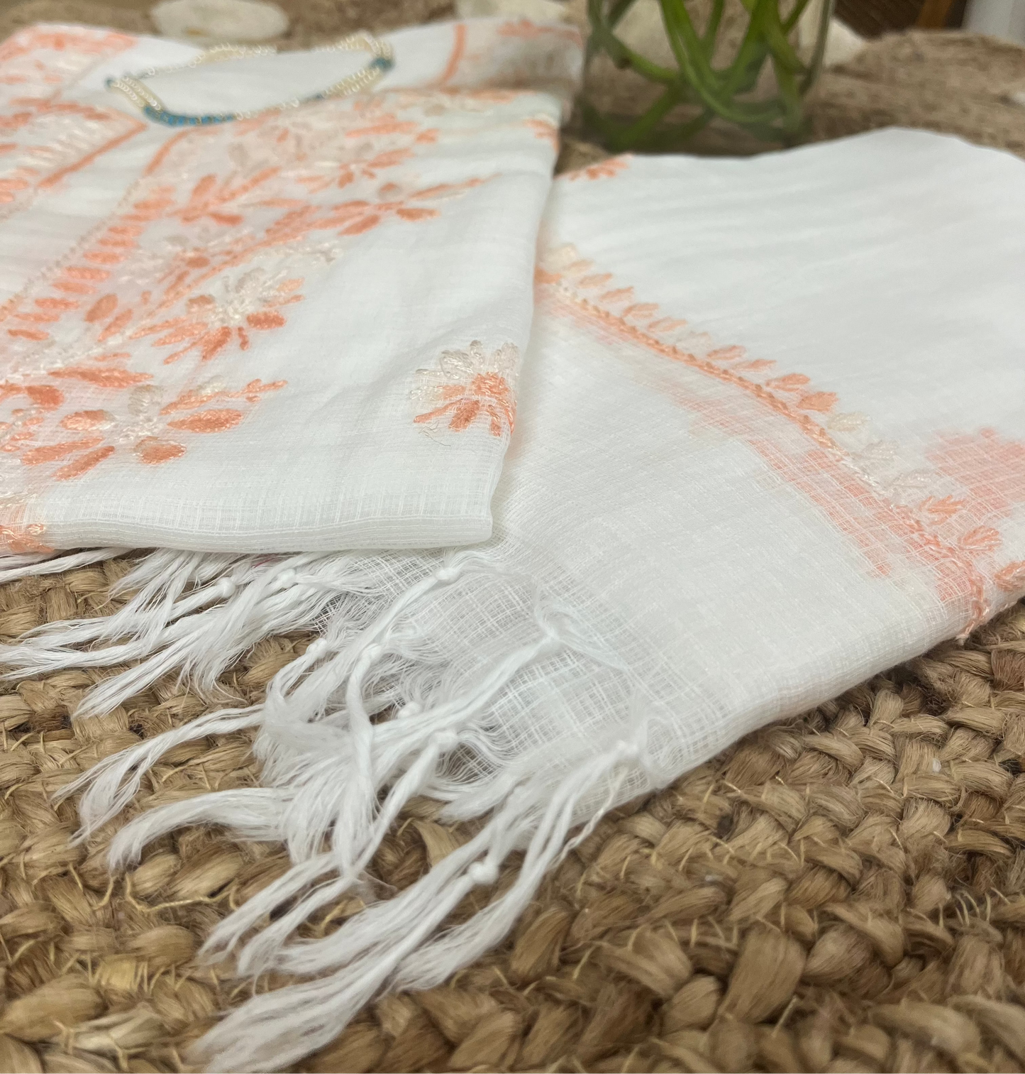 White Peach Kota Doriya Chikankari Suit Set