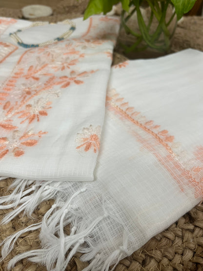 White Peach Kota Doriya Chikankari Suit Set