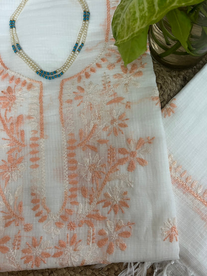 White Peach Kota Doriya Chikankari Suit Set