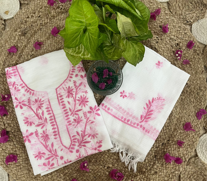 White Pink Kota Doriya Chikankari Suit Set