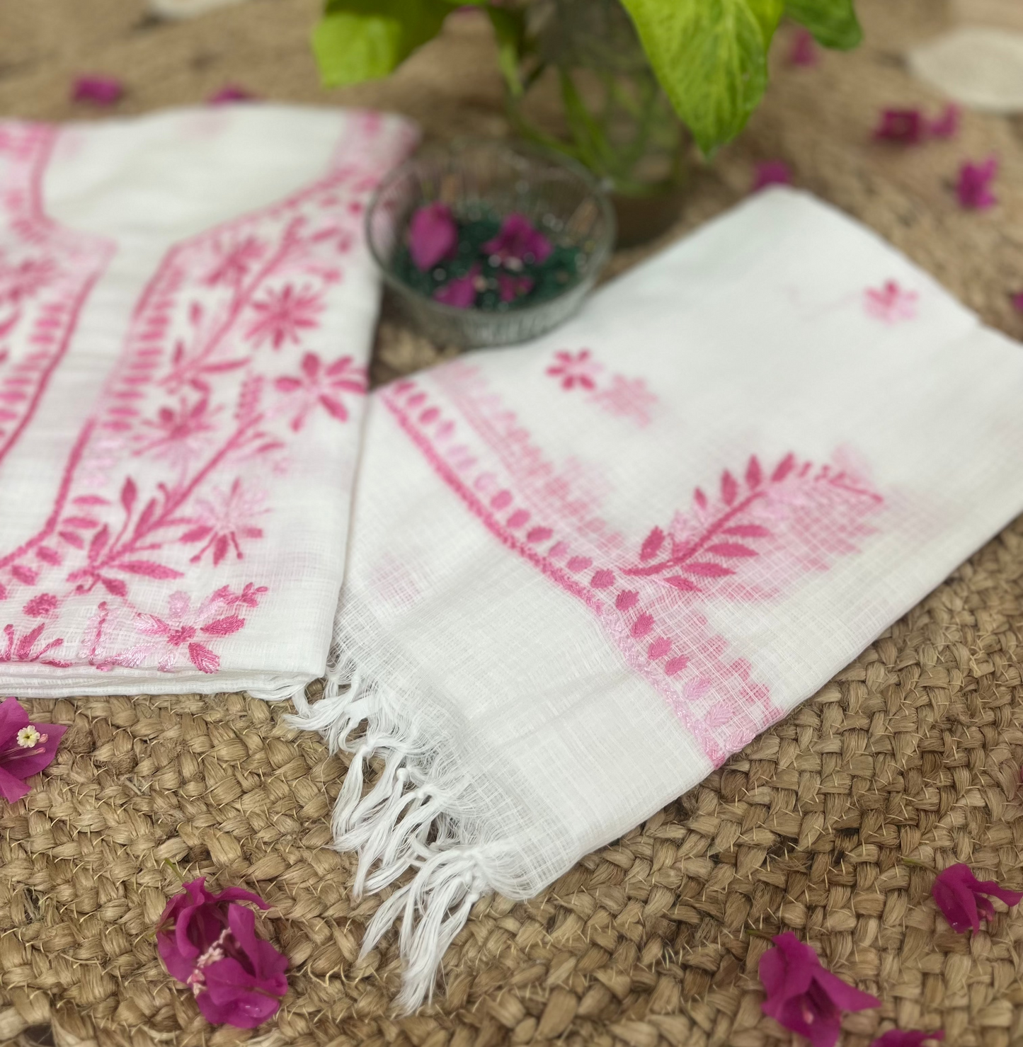 White Pink Kota Doriya Chikankari Suit Set