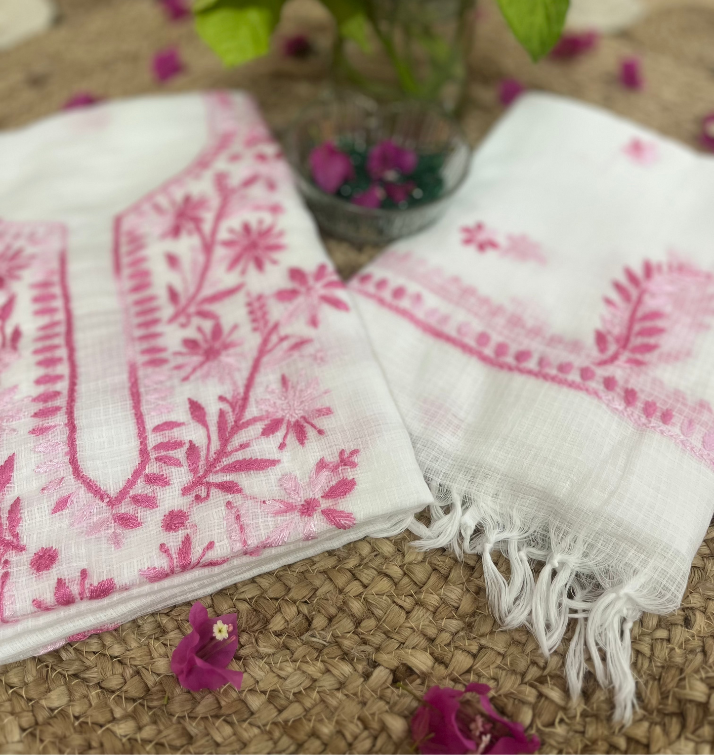 White Pink Kota Doriya Chikankari Suit Set
