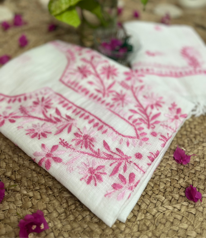 White Pink Kota Doriya Chikankari Suit Set