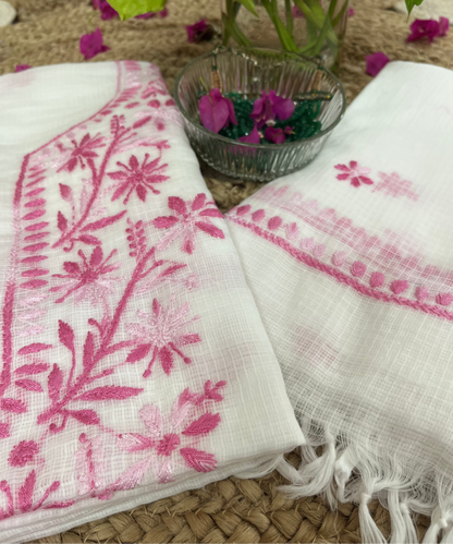 White Pink Kota Doriya Chikankari Suit Set