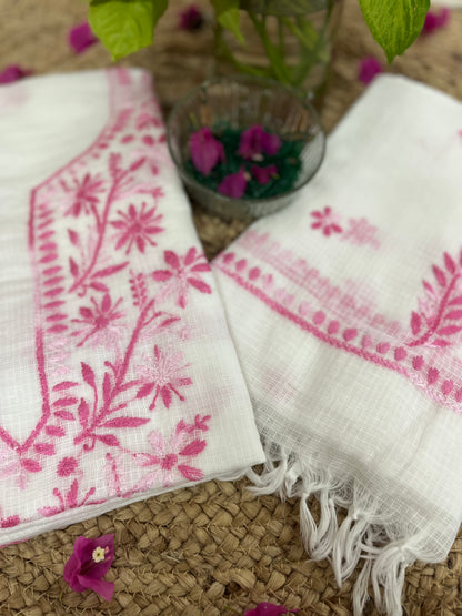 White Pink Kota Doriya Chikankari Suit Set