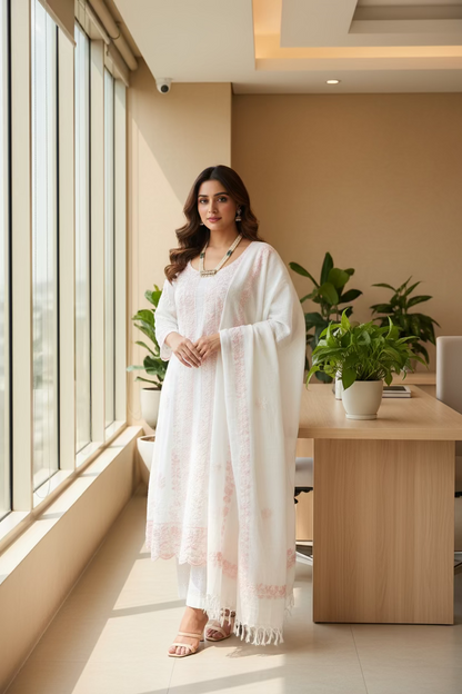 White and pink patterned towel with fringe, necklace, and plant on a textured surface.
