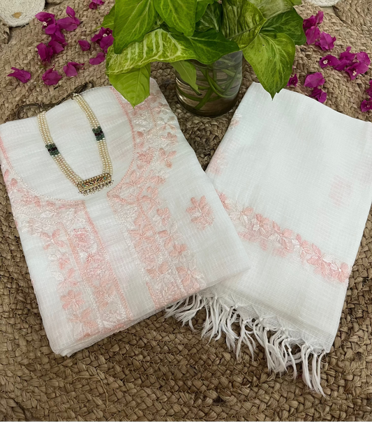 White Light Pink Kota Doriya Chikankari Suit Set