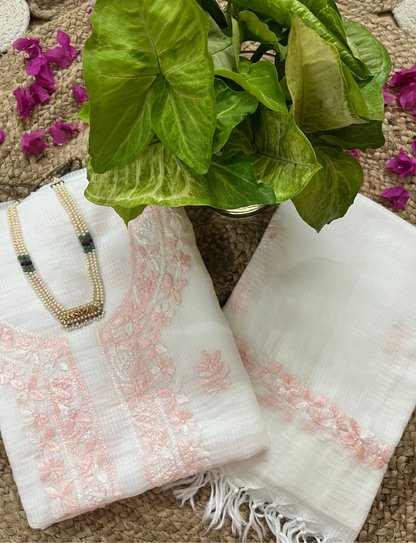 White Light Pink Kota Doriya Chikankari Suit Set