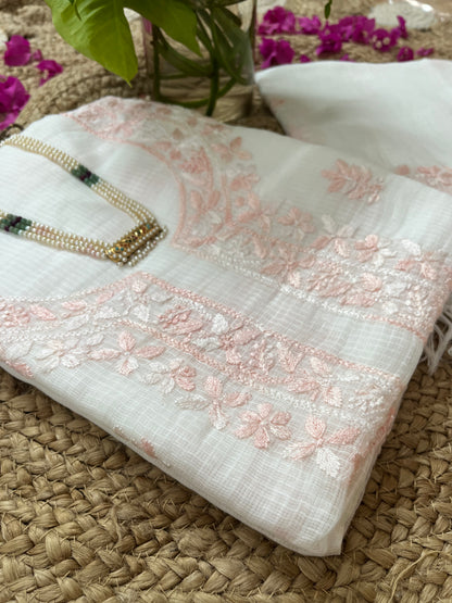 White Light Pink Kota Doriya Chikankari Suit Set
