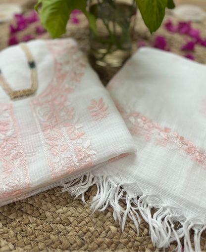 White Light Pink Kota Doriya Chikankari Suit Set