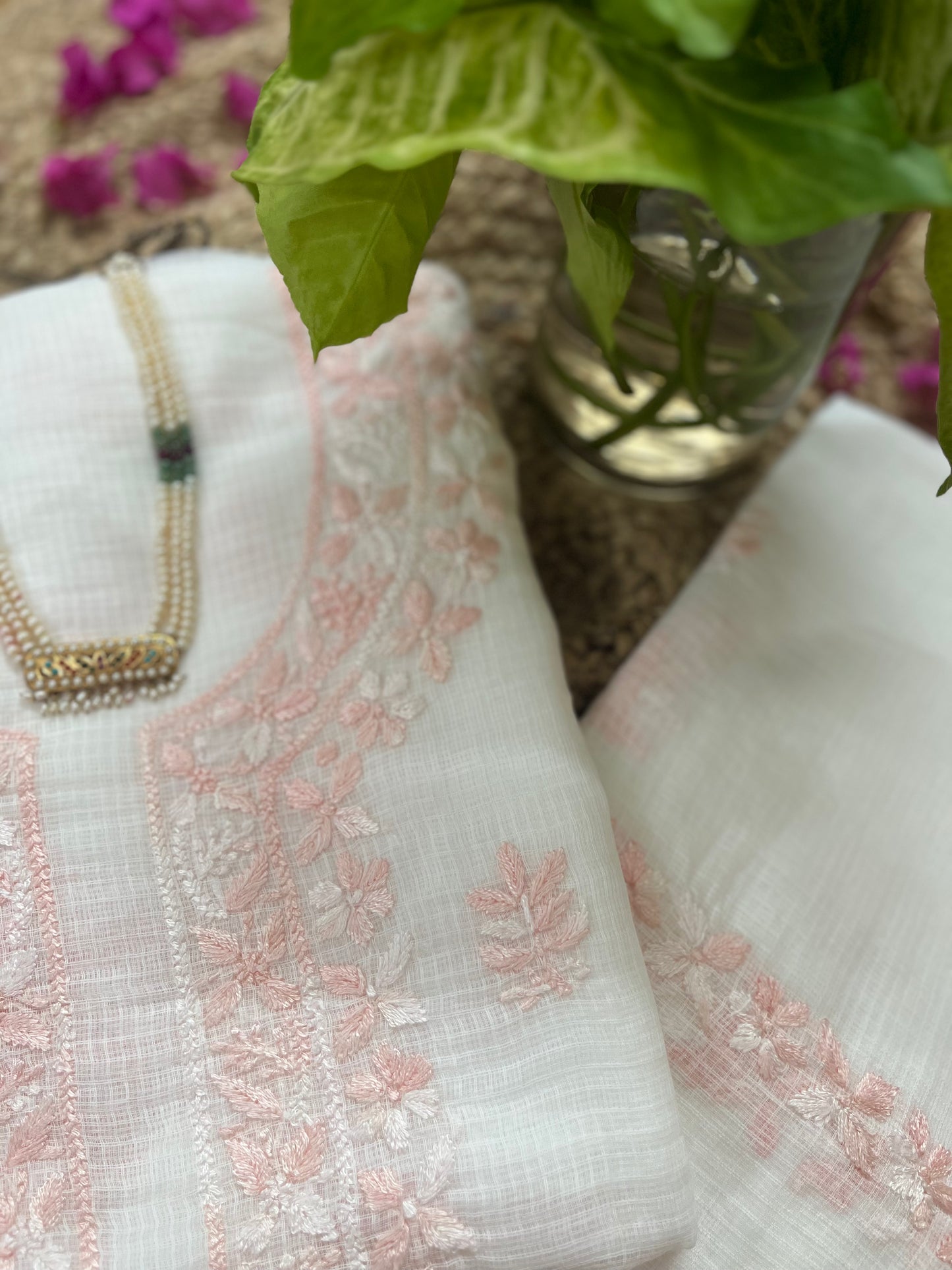 White Light Pink Kota Doriya Chikankari Suit Set