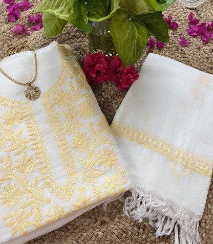 White Yellow Kota Doriya Chikankari Suit Set