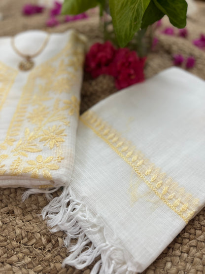 White Yellow Kota Doriya Chikankari Suit Set