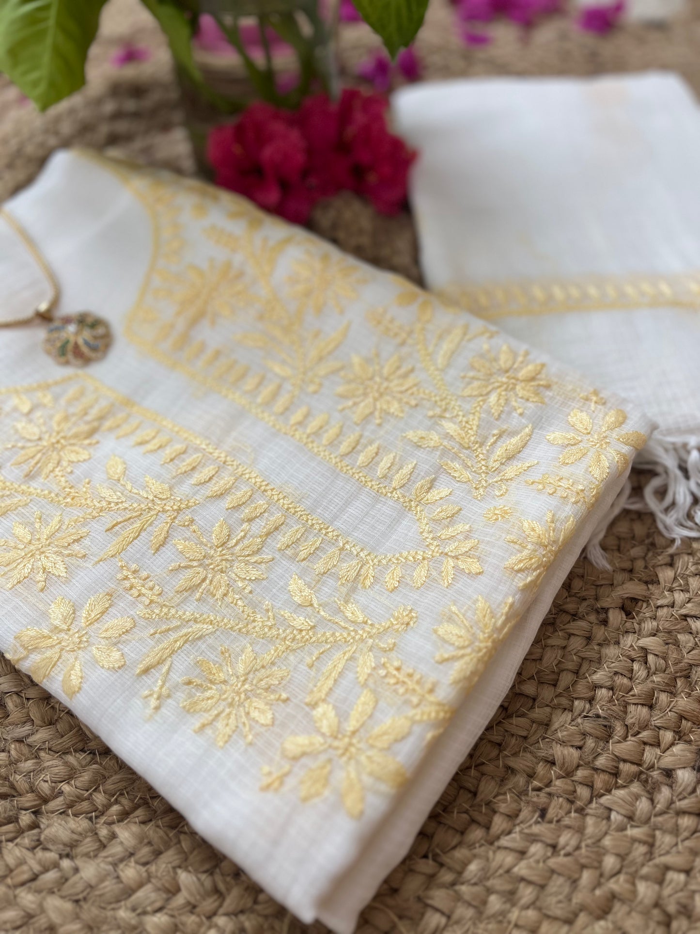 White Yellow Kota Doriya Chikankari Suit Set