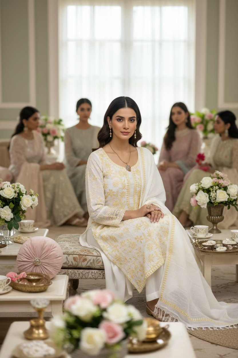 White fabric with yellow embroidery on a textured surface with flowers in the background
