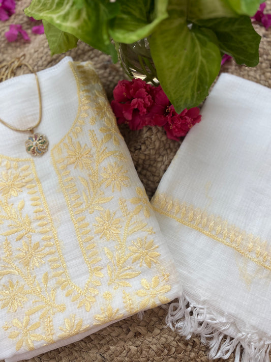 White Yellow Kota Doriya Chikankari Suit Set