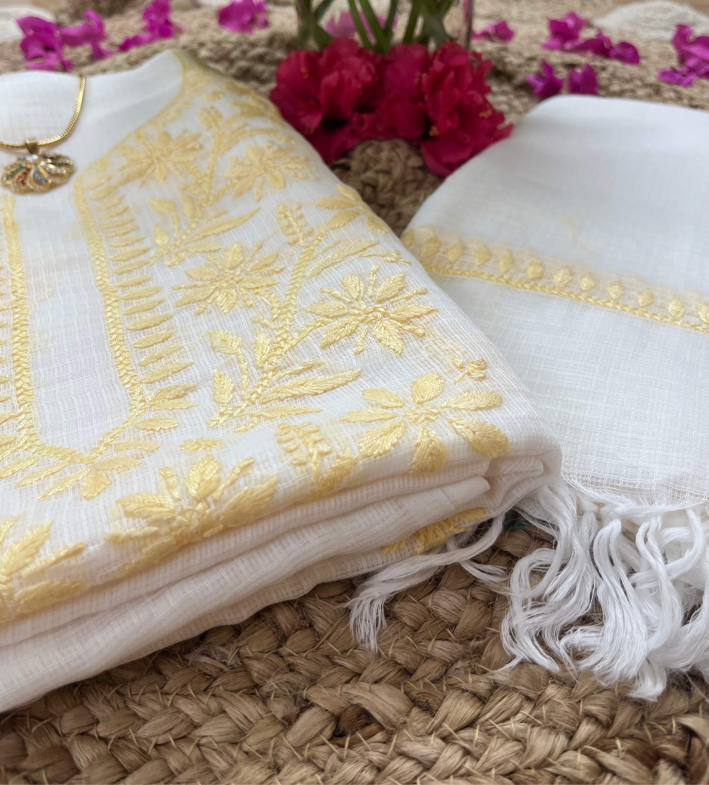 White Yellow Kota Doriya Chikankari Suit Set