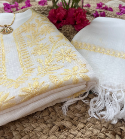 White Yellow Kota Doriya Chikankari Suit Set