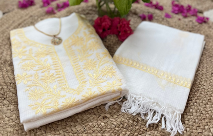 White Yellow Kota Doriya Chikankari Suit Set
