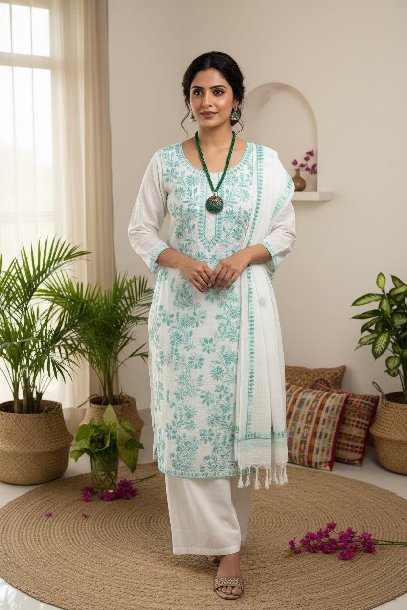 Two patterned towels with a green necklace on a textured surface with flowers.