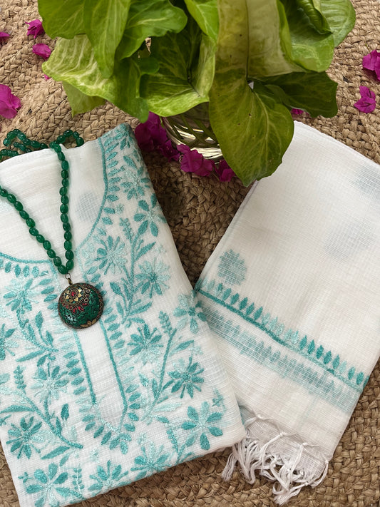 White Green Kota Doriya Chikankari Suit Set
